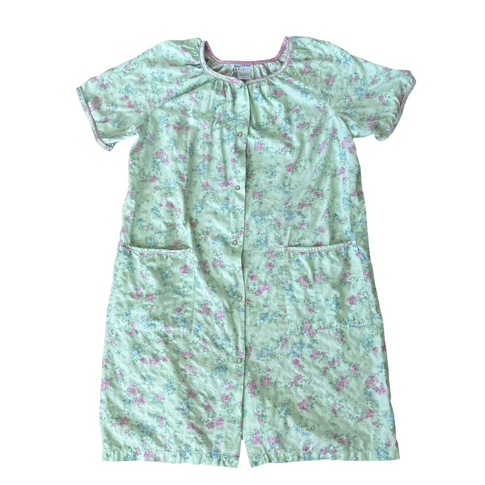 Smart Time Vintage Floral Snap Front House Dress Mint Green Seersucker L Cottage